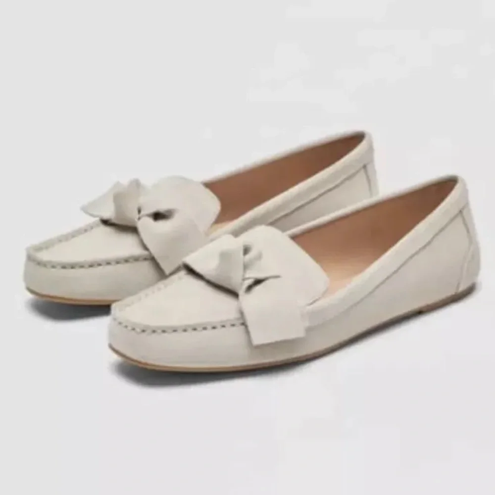 Zara Ice Beige Split Suede Loafers With Bow Moccasin EU37